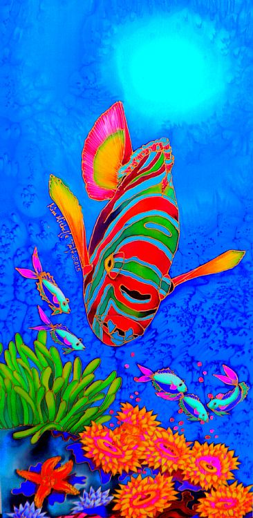 Fish Descending  - Painting stretched silk only , no frame. by Kim Toft