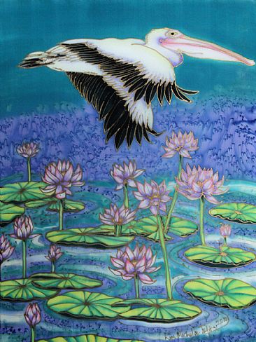 Pelican Over Lilies - pelican flying over water lilies by Kim Toft