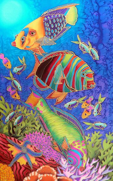 Fish Party  - Painting stretched silk only , no frame. by Kim Toft