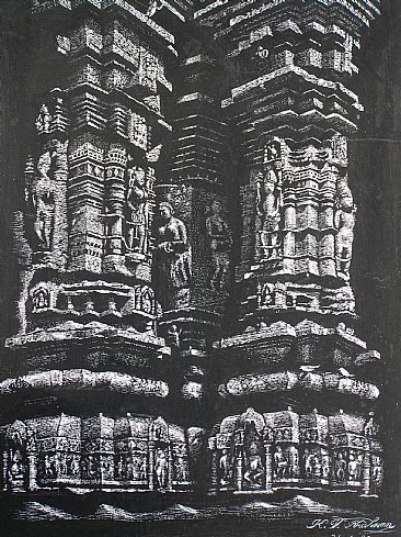Sparrows: Two Columns, Ambarnath Shrine, India -  by Krish Krishnan