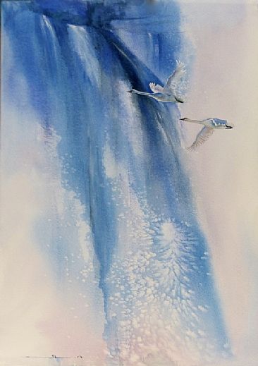Falling into you - White swans flying over waterfall by Sandi Lear