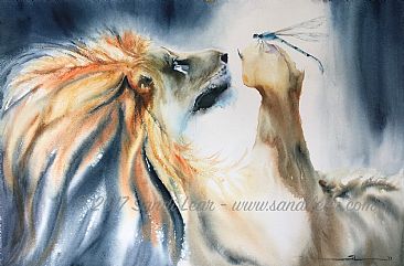 Velvet Glove - Lion with dragonfly by Sandi Lear