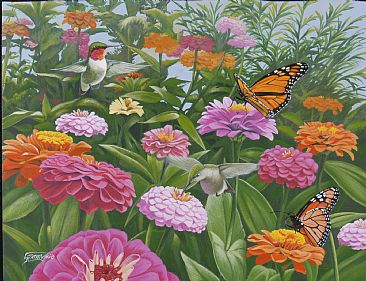 Zinnia Bouquet - Ruby-throated hummingbirds and Monarch butterflies by Frederick Szatkowski