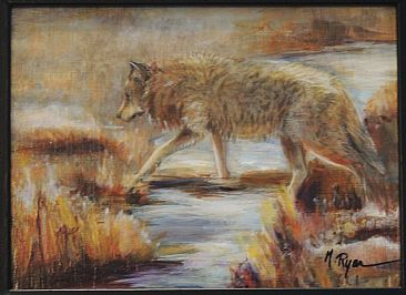 Dawn Crossing - Wolf in Yellowston at dawn by Maria Ryan