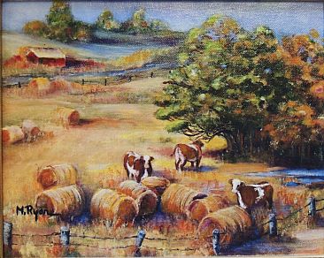 Peaceful Pasture - Cows in a farm field with red barn by Maria Ryan