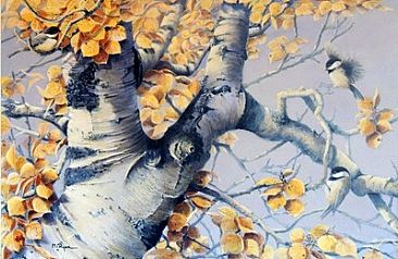 SILVER AND GOLD - Chickadees in Aspen Tree by Maria Ryan