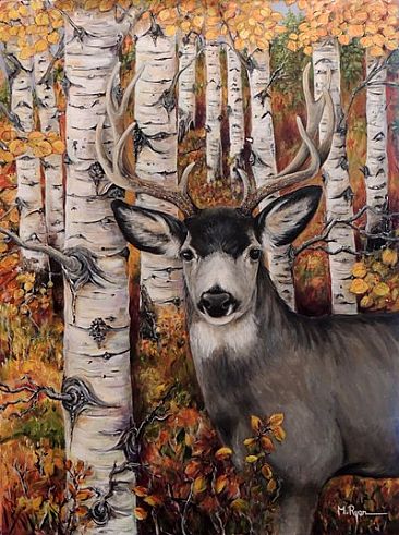 POINT OF VIEW - Mule Deer Buck  aspens  by Maria Ryan