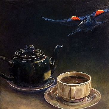Just InTtime For Tea - Red-winged Blackbird and tea service by Candy McManiman