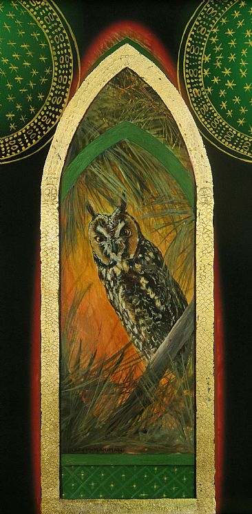 Longeared in Arches - Long Eared Owl in pines by Candy McManiman