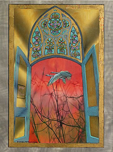 Pastel with grey - swans through a cathedral portal by Candy McManiman