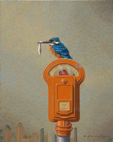 78 - parking meter, antique parking meter, bird, king fissher, fish by Linda Herzog