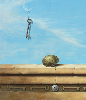 Aunt Clara - detail left - Egg, key, bell, moon by Linda Herzog