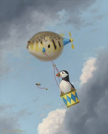 Stanleys Thrilling Puffer Ride - puffer fish, sothern pacific puffer fish, balloon, aircraft, basket, bee, honey bee, bell by Linda Herzog