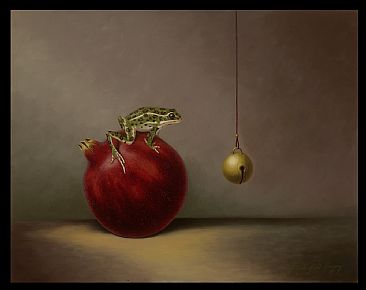 Checking Out The Bell - Leopard frog, bell, pomegranate by Linda Herzog