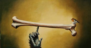 Ditgit's Balance - Groilla, bone, European Robin by Linda Herzog