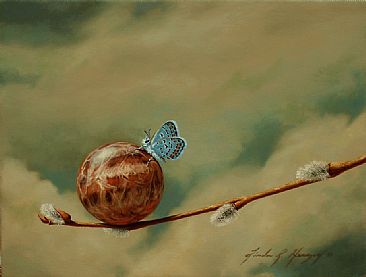 Dont Move - butterfly, pussywillow, marble ball by Linda Herzog