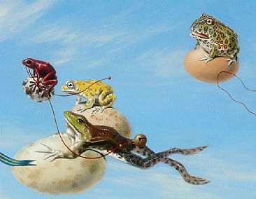 Egg Race - detail - Frog, Egg, bell, flag, packman frog, red eyed tree frog, toad, waxy tree frog, sky by Linda Herzog