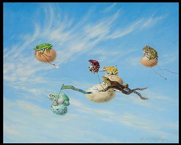 Egg Race - Frog, Egg, bell, flag, packman frog, red eyed tree frog, toad, waxy tree frog, sky by Linda Herzog