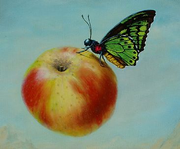 Apple Fly By Fruitie - detail - apple, butterfly by Linda Herzog