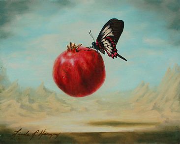 Pomegranate Fly By Fruitie - Pomegranate, butterfly by Linda Herzog
