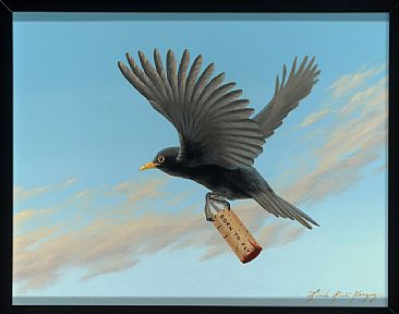 Fly Blackbird Fly - Common Merula Blackbird, blackbird, cork, wine cork, sky by Linda Herzog
