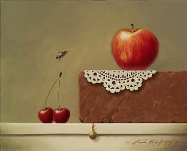 Fruit And Lace - brick, lace doily, apple, bee, honeybee, cherry by Linda Herzog