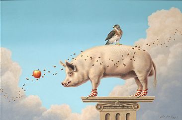 Ham Hawk - pig, hawk, pinto beans, swainson hawk, pedestal, apple by Linda Herzog
