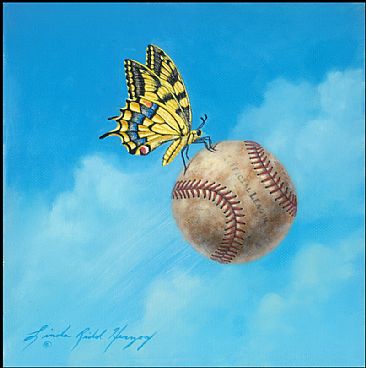 Hitching A Home Run - Bace ball, butterfly, Swallowtail butterfly by Linda Herzog