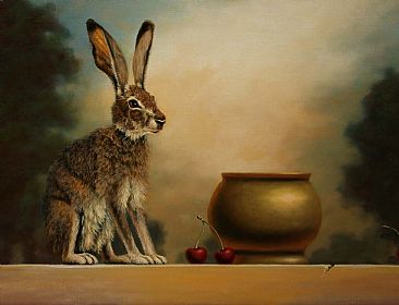 Jack Pot - detail - jack rabbit, rabbit, cherry, brass pot by Linda Herzog