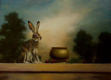 Jack Pot - Jack Rabbit, rabbit, cherry, brass pot by Linda Herzog