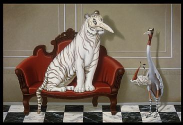 Masquarade - White tiger, sarus crane, fish, masquarade by Linda Herzog