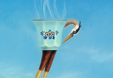 Mid Day Lift  - Detail - Great Blue heron, Antique tea cup  by Linda Herzog