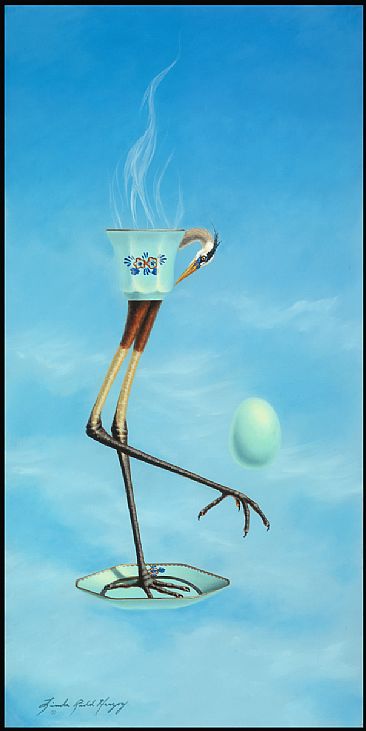 Mid Day Lift - Great Blue heron, Antique tea cup and saucer, Heron egg, egg by Linda Herzog
