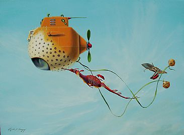 Moon Chasers Too - puffer fish / submarine, weedy sea dragon, hummingbird moth by Linda Herzog