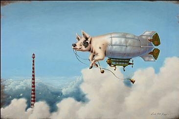 Pig Blimp  - pig, blimp, light house, clouds, bells by Linda Herzog