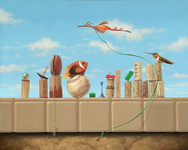 Play Time - cork, anna hummingbird, hummingbird, weedy sea dragon, cinnamon clown fish, clownfish, toys, yoyo, monopoly house, lego, baseball  by Linda Herzog