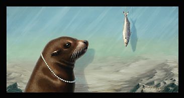 Portrait Of A Sea Lion - sealion, pearls, mackerel fish by Linda Herzog