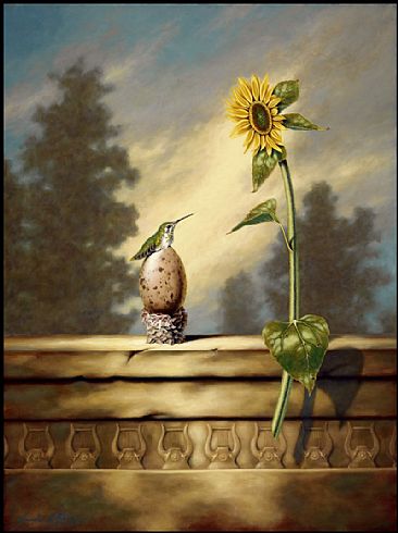 Priscillia's Infatuation  ( Clytie's Syndrome ) - Femail Anna's Hummingbird, Sunflower by Linda Herzog