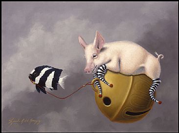 Pulling Piglet - Piglet, pig, damsel fish, Fish, three striped dmsel fish, bell, brass bell by Linda Herzog