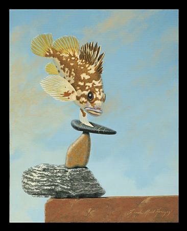 Rock Balancing - rock, brick, rock fish, fish by Linda Herzog
