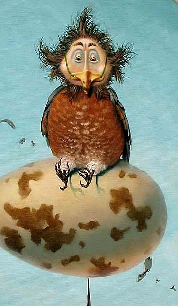 Sheldon Hatching the Egg - detail 1 - Sheldon- robin, on a goose egg by Linda Herzog