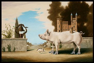 Splendid Pig House Stroll - Pig, castle, vintage shoes, bell, lizard, puffer fish, fish, hogfish, landscape by Linda Herzog