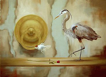 Spot About Gone - Great Blue Heron, Fancy Gold Fish by Linda Herzog