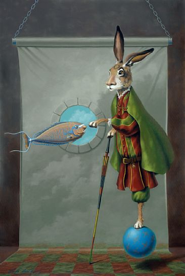 The Rabbit Knows Nose - Rabbit, fish, Vlamingis Unicorn Fish, Jousting stick, bell, ball by Linda Herzog