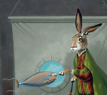The Rabbit Knows Nose - detail - Hare, Rabbit, fish, Vlamingis Unicorn Fish, Jousting stick, bell, ball by Linda Herzog