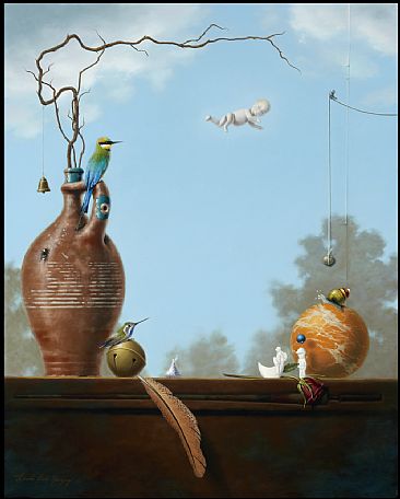 Watching The Flyer - Antique Porcelain Doll, Rainbow Bee Eater, Bird, Bumble Bee, Blue Throated Hummingbird, Hawk feather, Bell, Marble Ball, Antique figurines, Blueberry, Rose, Endangered Oahu Tree Snail, Choc. Kiss, Sparrow Egg by Linda Herzog