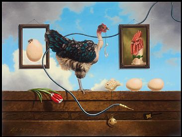The Wishbone - Necked necked chicken, Guitar cord, egg, flower, wishbone by Linda Herzog