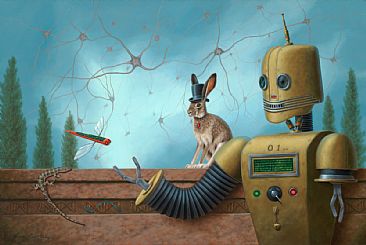 Zero One - Robot, brain Neurons, DNA, medical science, rabbit, computer codes by Linda Herzog