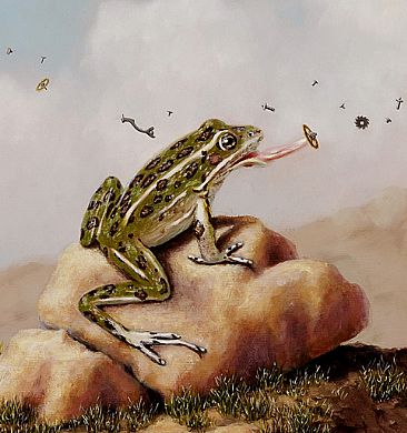 Catching Time - detail - frog, pocket watch by Linda Herzog