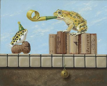 Party Time - toad, spotted puffer fish, cork, party toys by Linda Herzog
